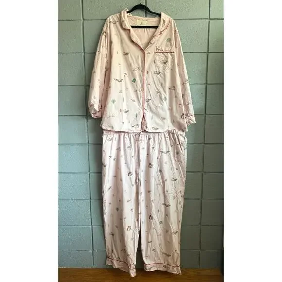 Printfresh Wood Embroidered Pajama Set in Pale Pink size 4X - Picture 2 of 5